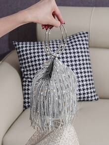 Fashionable & Elegant Rhinestone Tassel Decor Handbag, Evening Clutch - Silver - View 3