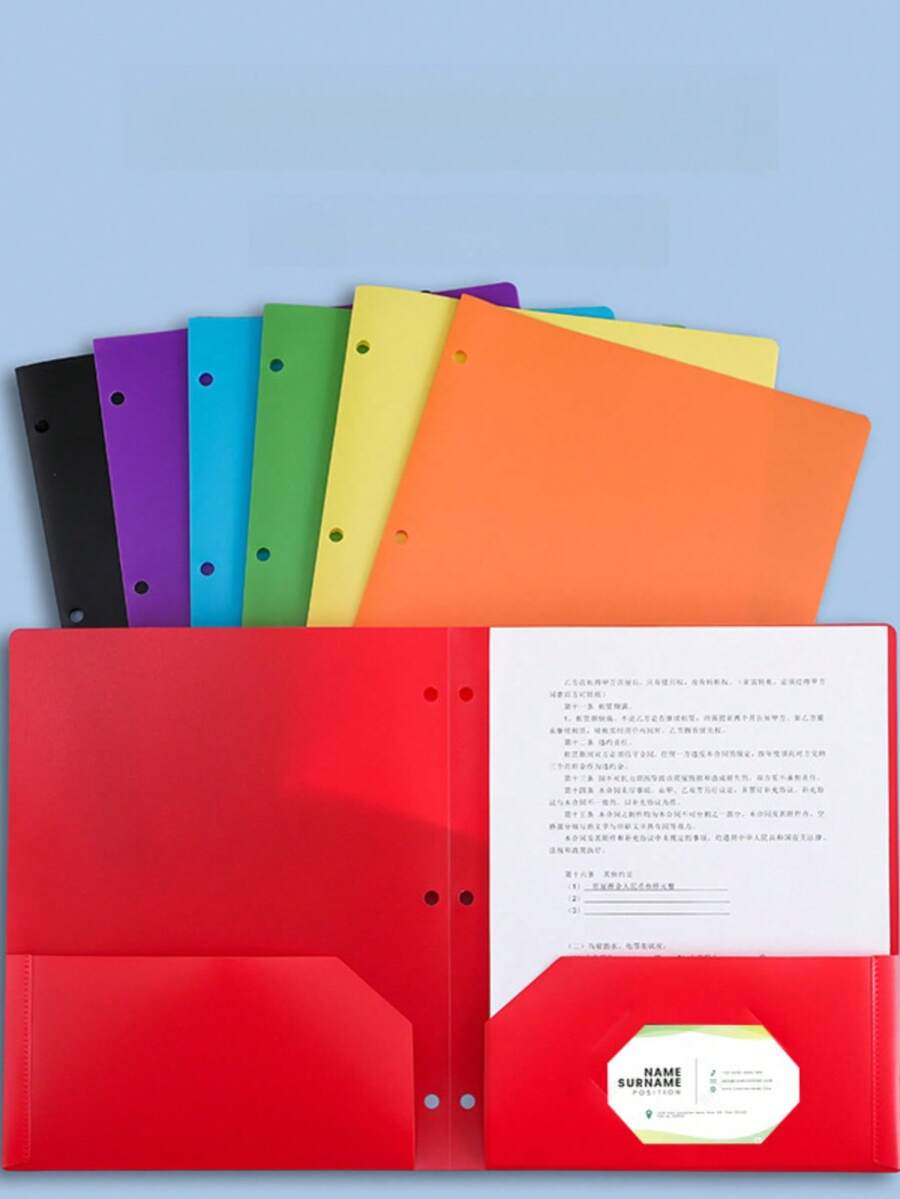 6pcs 3-Hole 2-Pocket A4 PP Waterproof File Folder, Office Document Contract Data Holder, Student Test Paper Organizer - 3-hole, 2-page Double Pocket - View 1