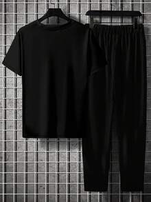 男士时尚印花圆领短袖T恤和裤子套装 - 彩色 - 查看 4