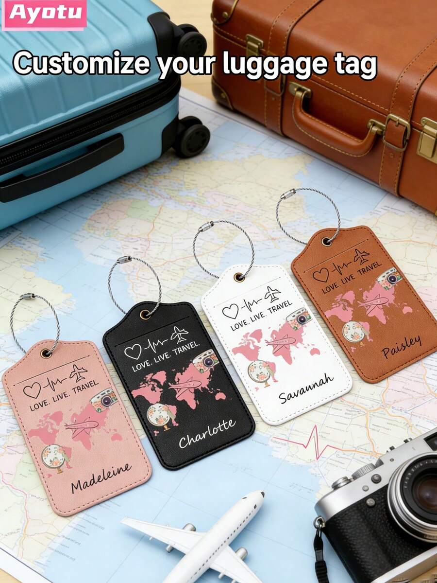 Ayotu Customized Airplane Map Camera Pattern Luggage Tag (Can Be Customized With Name And Text), Travel Cruise Luggage Label, Backpack, Handbag And Schoolbag Label, Personalized Card Holder, Business ID Travel Tag, Essential For Group Travel, Activities And Company Trips, Creative Valentine's Day, Birthday And Holiday Gift ,Holiday Essential, Id Card - Multicolor - View 1