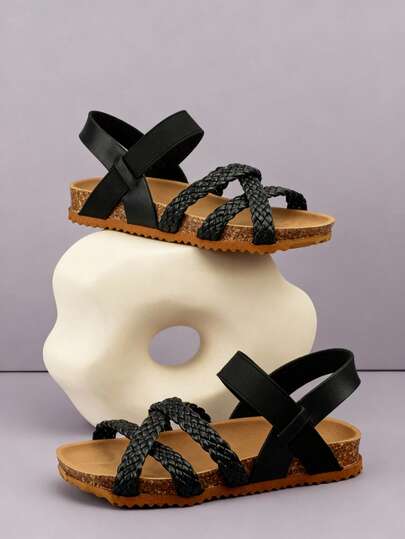 1双儿童编织装饰仿皮软木防滑露趾交叉踝带平底凉鞋，简约时尚，可爱休闲，适合夏季日常穿着和户外活动