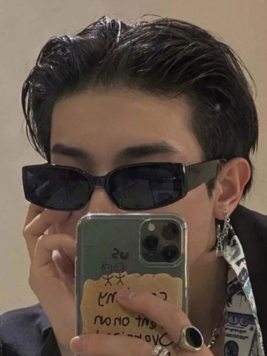 1pc Retro Small Square Frame Fashion Glasses, Personalized Punk Hip-Hop Street Style Fashion Glasses, Comes With Glasses Case - Black - View 1