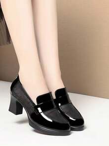 新款高帮女鞋圆头旗袍鞋舒适走秀鞋专业高跟皮鞋，长时间穿着不累脚 - 黑色 - 查看 2