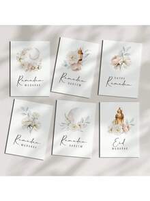 1/6 Islamic Greeting Cards, Islamic Gift Cards, 6 Designs - Crescent Moon, Floral, Palace, Lantern, Cards 3.9x5.9 Inches With Envelopes, Holiday Card Set, Modern Festival Decor DIY - Multicolor - View 1