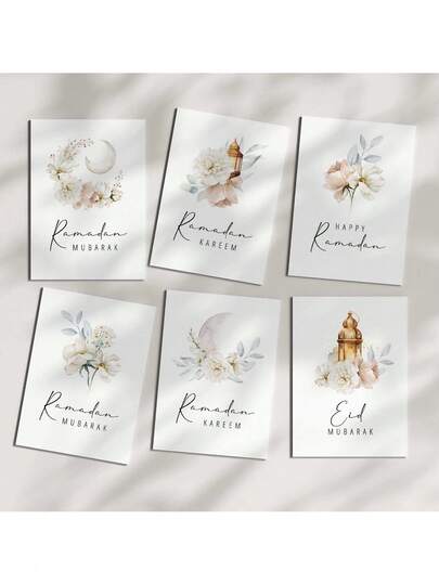 1/6 islamiska gratulationskort, islamiska presentkort, 6 designer - halvmåne, blommor, palats, lykta, kort 3,9x5,9 tum med kuvert, julkortset, modern festivaldekor gör-det-själv