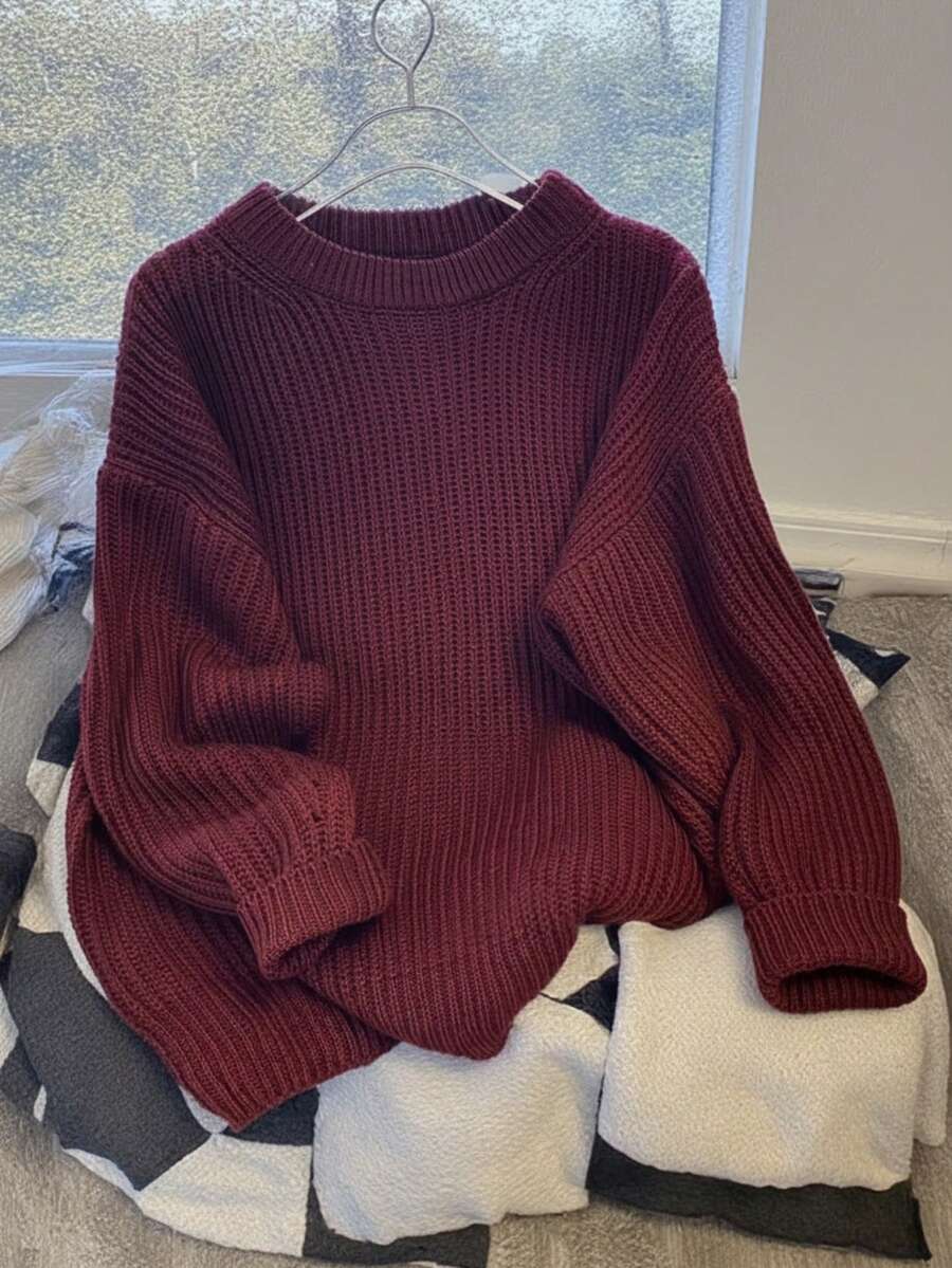 Women's Casual Solid Color Pullover Knit Sweater, Long Sleeve - Burgundy - View 1