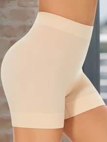 Solid Color Wide Waistband Cycling Shorts, Seamless Smooth Boxer Briefs Fitted Shorts - Apricot - View 7