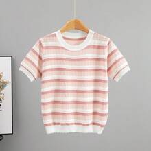 GIGOGOU New Women's Summer Striped Short Sleeve Hollow Out Knit T-Shirt - Pink - View 11