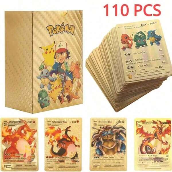  110Pcs Pokemon Games Cards (VSTAR GX EX VMAX Cards) No Repetition Gold Foil Pokemon Cards, English/Spanish/French/German Tables Party Games Deck Cards,Pokemon Cards Game Collection Toys Gifts