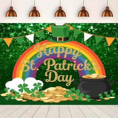 1pc, Reusable St. Patrick'S Day Irish Green With Lucky Shamrock, & Rainbow Photography Backdrop Durable Polyester, No Electricity Required, With Holes Best For Garden, Carnival Backgrounds