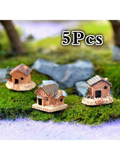 5件套迷你娃娃屋石屋树脂装饰品，适用于家居和花园DIY，迷你工艺小屋