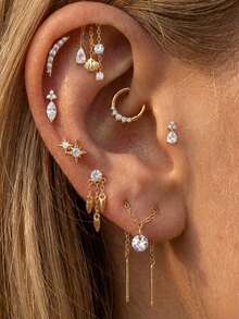 EleRunis 1PC 925 Sterling Silver Asymmetric Tassel Flat Back Cartilage Helix Piercing Fine Jewelry For Daily Wear Wedding Party Engagement Anniversary Valentine's Day - Gold - View 10