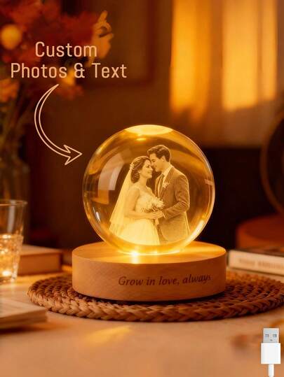 Personalized 3D Photo Crystal Ball, Commemorative Gift, Custom Engraved Photo Lamp With Wooden Base, Crystal Ball, Suitable For Pets, Couples, Girls, Boys, Parents, Birthdays, And Anniversaries (Round)