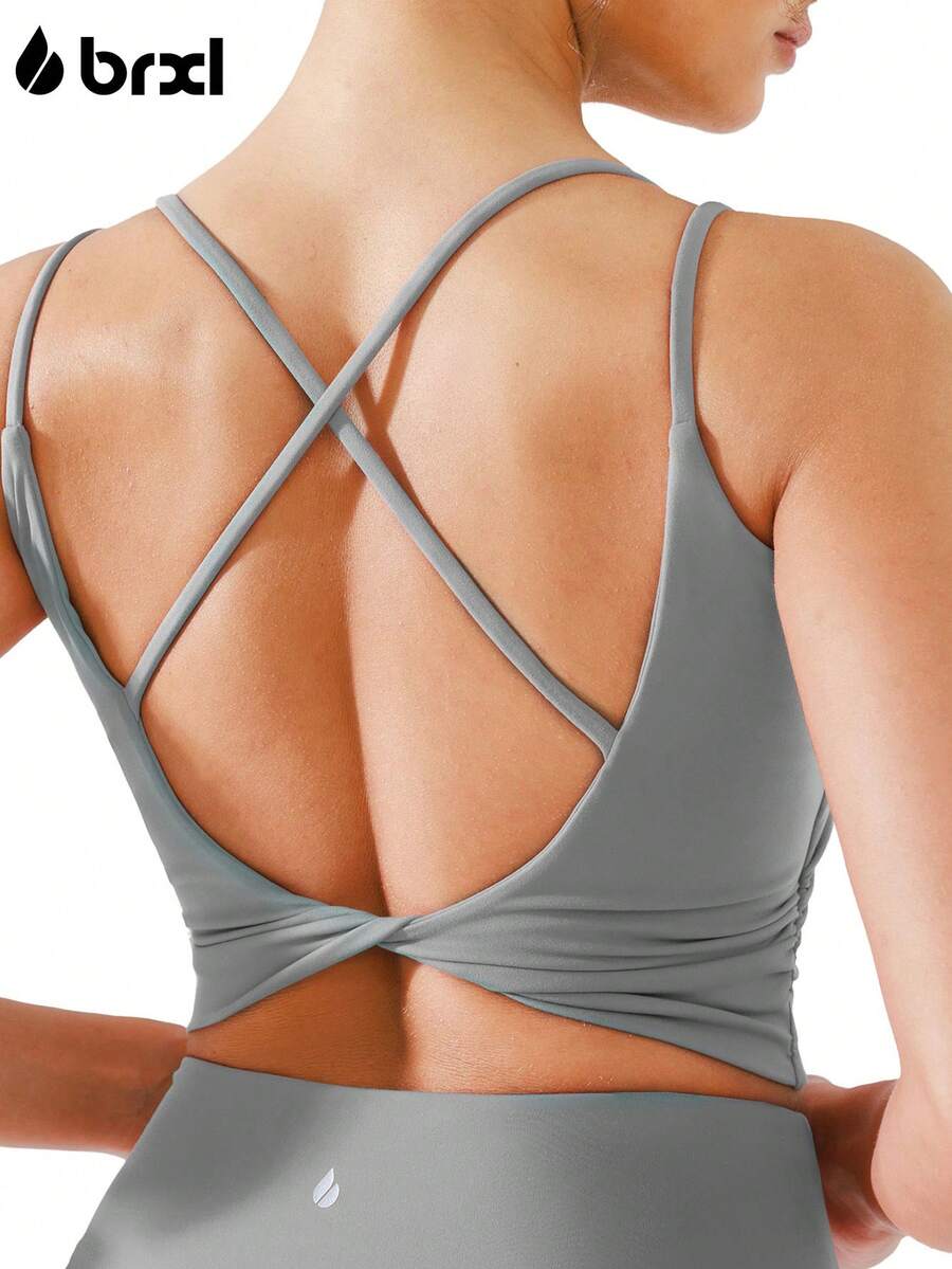 BRXL Womens Twist Back Sports Bra Buttery Soft Low Impact Yoga Bra Removable Pads Scoop Neck Crop Top Pilates Lounge - 淺灰色 - 查看 1