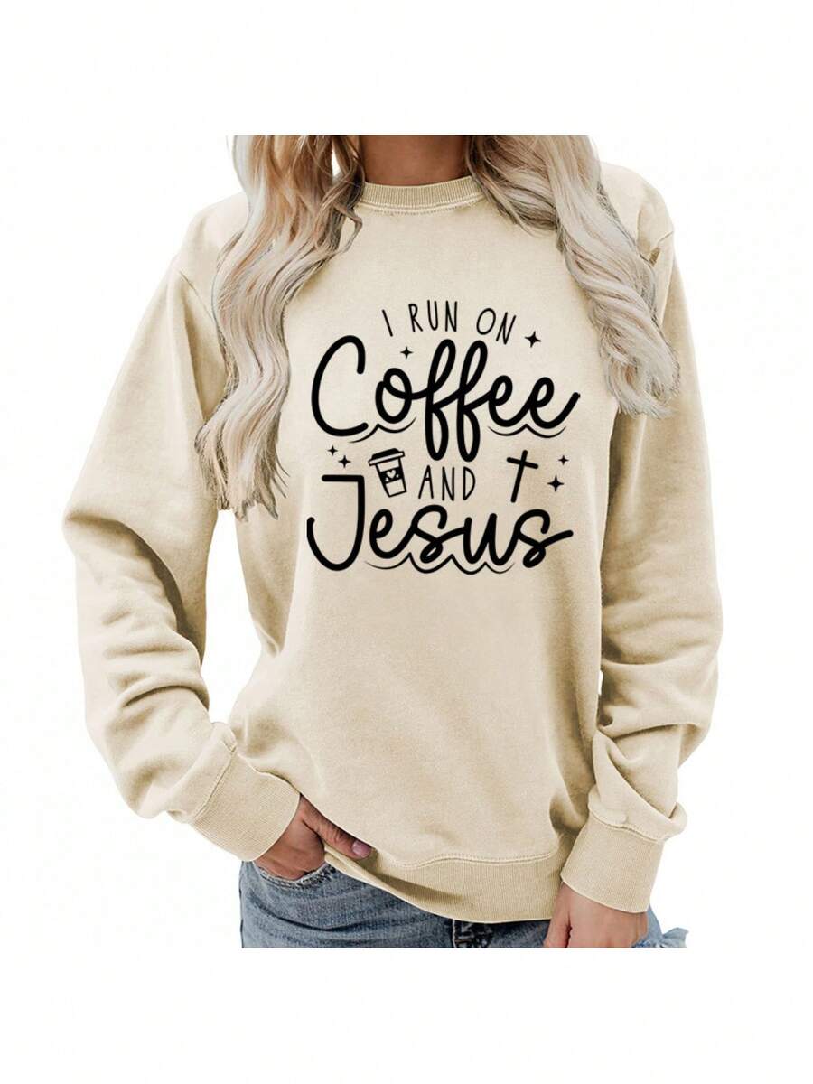 Women'S Coffee Print Crew Neck Sweatshirt - Soft Long Sleeve Pullover With "I Run On Coffee " Slogan, Cozy Casual Fall Winter Sweater For Home, Dates & Daily Outfits, Christian Faith Apparel, Relaxed Fit Round Neck Topgifts For Mom-Free Shipping - 杏色 - 查看 1