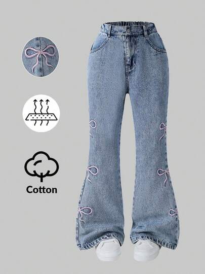 1pc Girls Casual Outdoor Versatile Cute Bow Accent Light Blue Loose Wide Leg Slightly Flared Jeans, Autumn/Winter