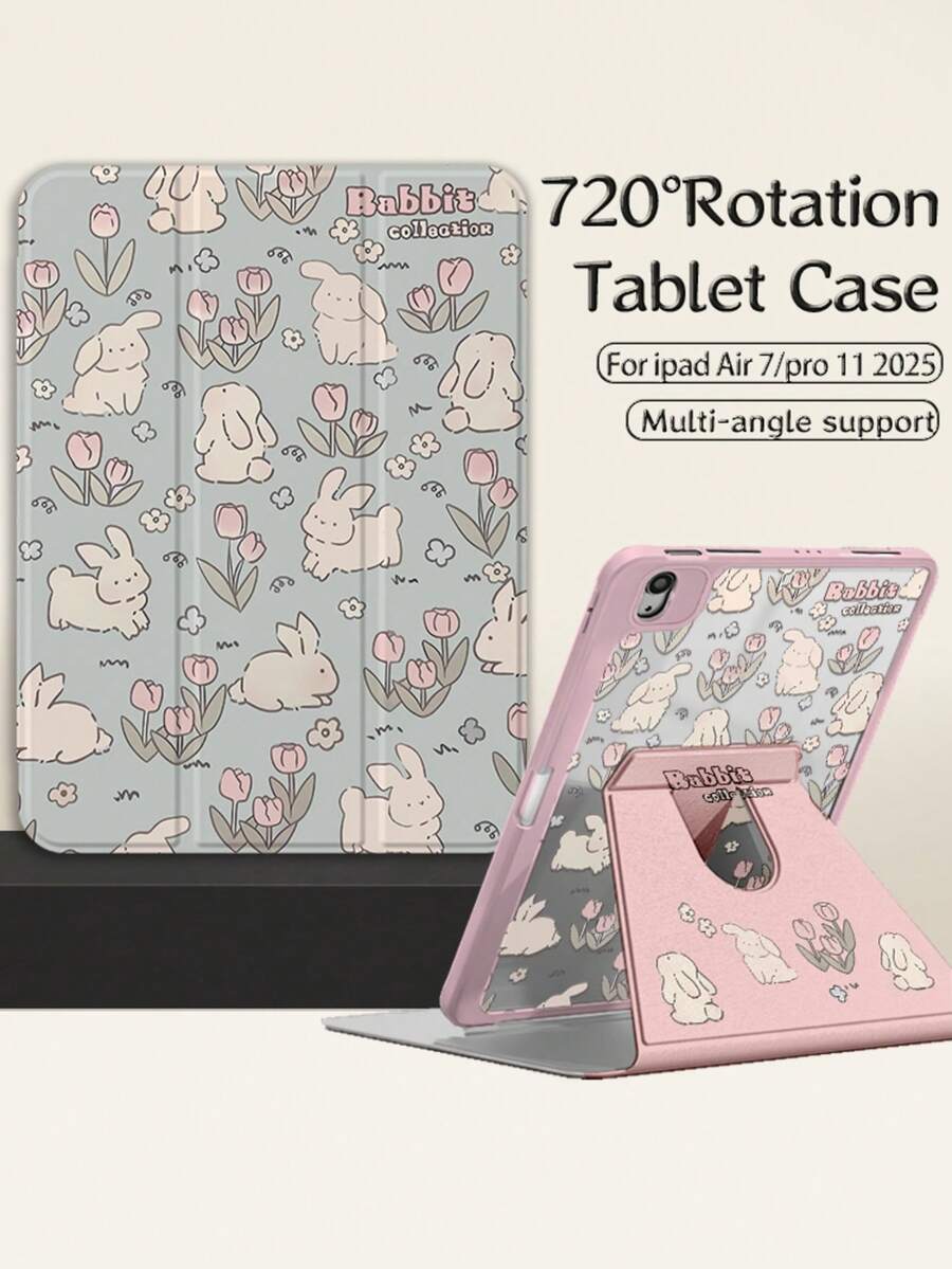 1pc Cute Cartoon Rabbit Double-Sided Printed Rotating Tablet Case Compatible With Ipad 10/9/11 (2025 Model), Clear Acrylic Back Cover, Anti-Drop & Wear-Resistant, Auto Wake/Sleep, Multi-Angle Stand, Pen Slot, Essential For Office & Study, Non-Magnetic Protective Case - Multicolor - View 1
