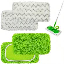 4 Pack Reusable Mop Pads Compatible With Sweeper Mop, Wet Pads Refill Dry Sweeping Cloths, Chenille Microfiber Refill Pads Wood Floor Cleaning, Washable Wet Mopping Cloths, Green Gray - 綠色和灰色 + 4 件裝掃地機用彈性墊(2 個綠色和 2 個灰色) - 查看 1