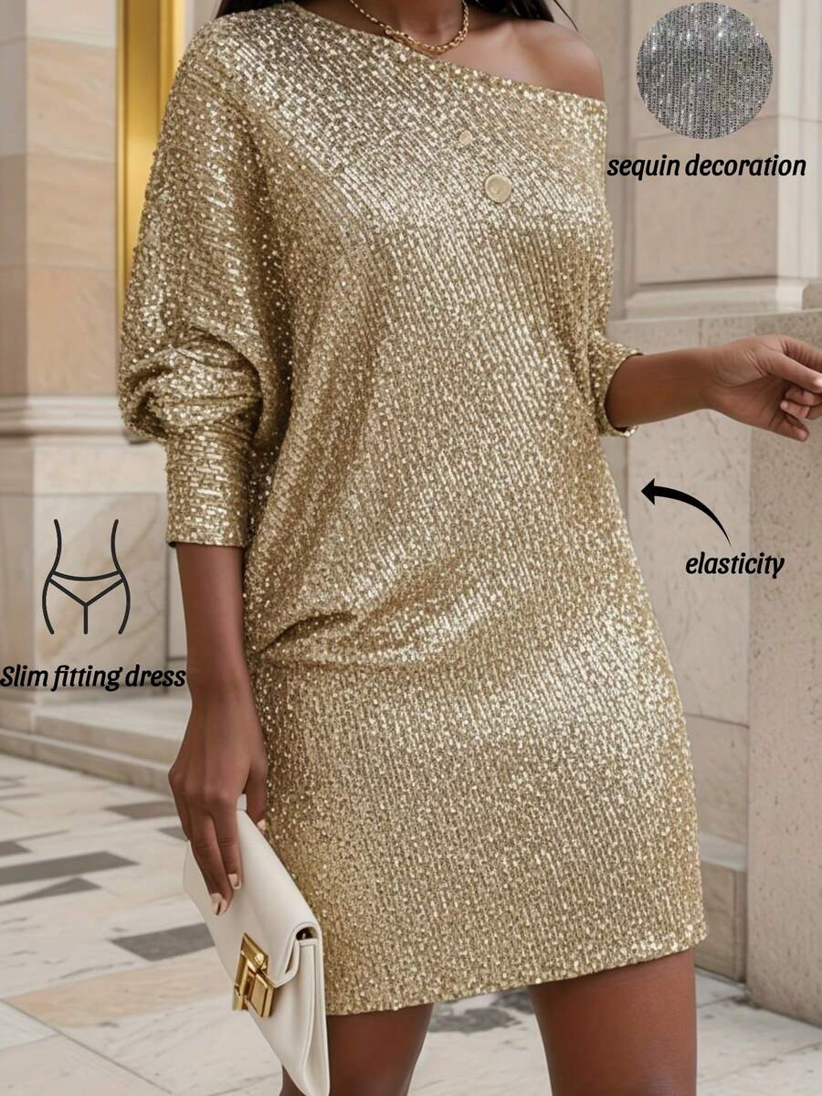 New Women's Elegant Solid Color Sequin Patchwork Dress, Autumn Elegant Formal Wear, Female Sexy Style, Light Fabric, Fashionable Women - 金色 - 查看 1