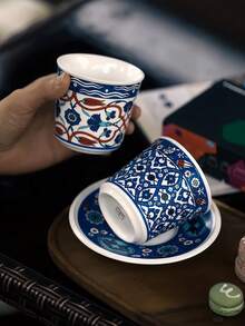 200ml Turkish Ceramic Coffee Cup & Saucer Set, Latte Art Cup, Iced Drink/Juice Cup, Suitable For Daily Use, Family Gatherings, Holidays And Birthday Gifts - Multicolor - View 4