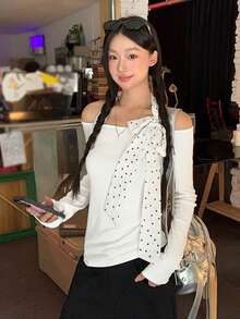 女士长袖露肩修身T恤 - 白色 - 查看 2