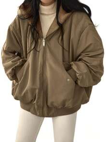 Women's Reversible Oversize Faux Shearling Lined Hooded Jacket Winter Y2K 2 Way Wear Padded Coat - 卡其色 - 查看 1