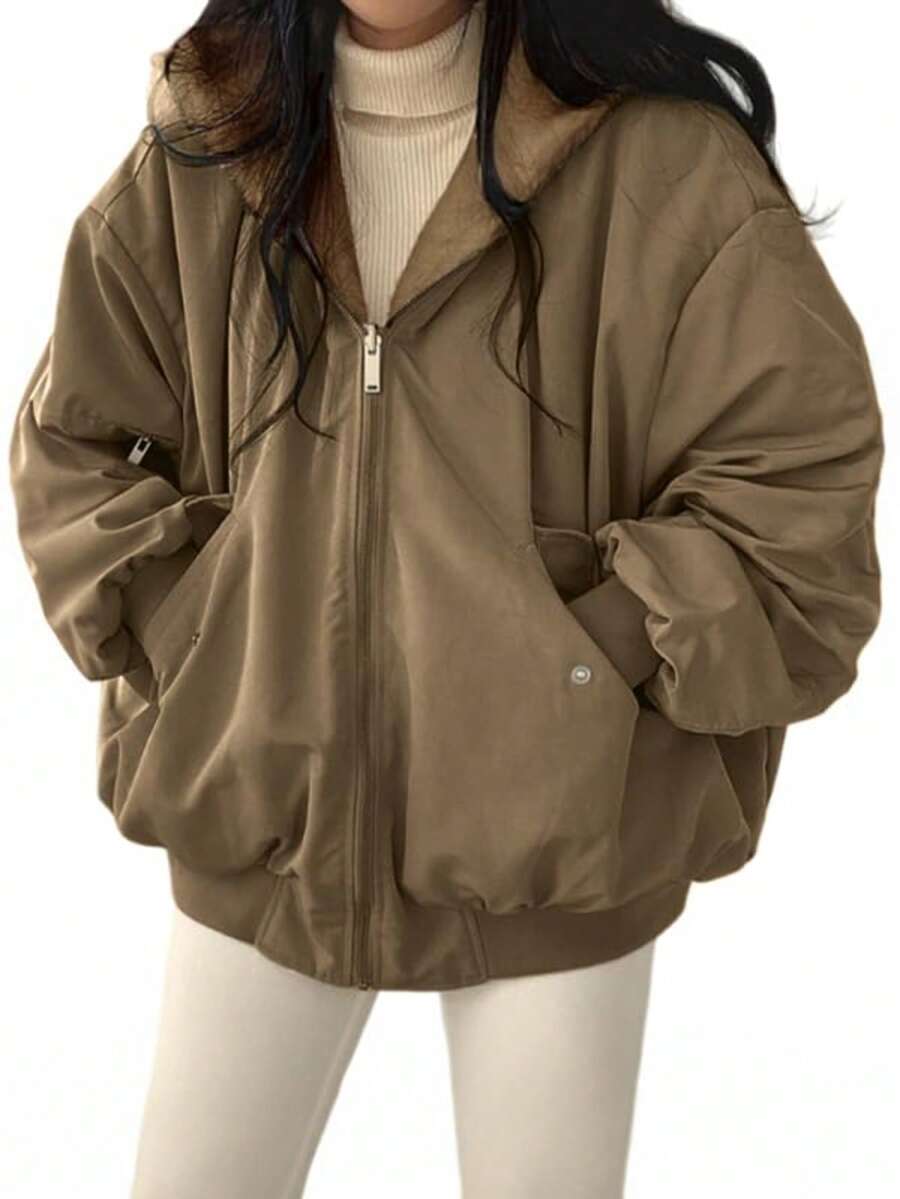 Women's Reversible Oversize Faux Shearling Lined Hooded Jacket Winter Y2K 2 Way Wear Padded Coat - 卡其色 - 查看 1