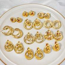 1 对法式简约金属十字交叉 C 形环状耳钉，适合女士 - 金色 - 查看 5