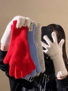 1pc Warm Touchscreen Knitted Fingerless Gloves For Women, Solid Color, Thickened, Long Cuff, Autumn/Winter - Multicolor - View 6