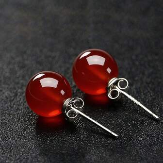 1 Pair 925 Sterling Silver Natural Agate & Carnelian Round Earrings, Designer Fashion Elegant Sexy Jewelry Gift For Young Women, Luxury Couple Vacation Present