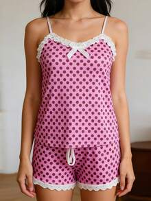 2Pcs Pajamas Sets For Women Summer Sleeveless V Neck Dot Print Bow Decor Cami Tops And Elastic Waist Shorts Loungewear - Pink - View 1