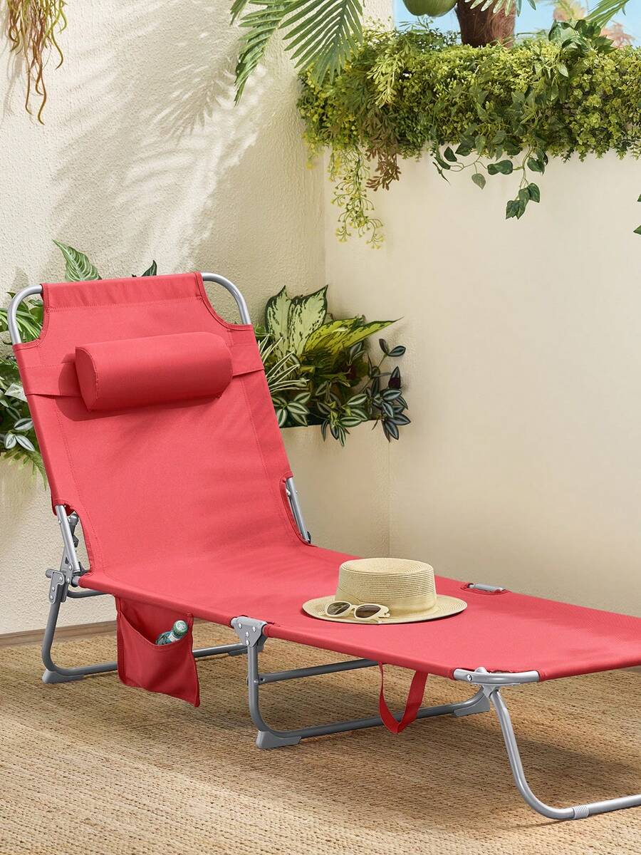 SoBuy OGS35-R 花园躺椅，带侧袋和枕头，透气折叠式太阳椅，适用于花园、庭院、海滩，承重 110 公斤，红色，宽 x 高 x 深约 191 X 19 X 56 厘米 - 紅色 - 查看 1