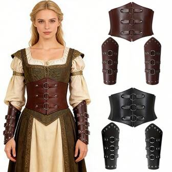 3pcs Medieval Viking & Renaissance Faux Corset Costume With Wrist Brace - Full Historical Outfit For Women' Viking Cosplay, Renaissance Fairs, Medieval Parties (Halloween, Renaissance) - Knight Accessories