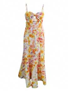 Fashionable Vacation Style Random Print Spaghetti Strap Hollow Out Twist Back Dress - White - View 7