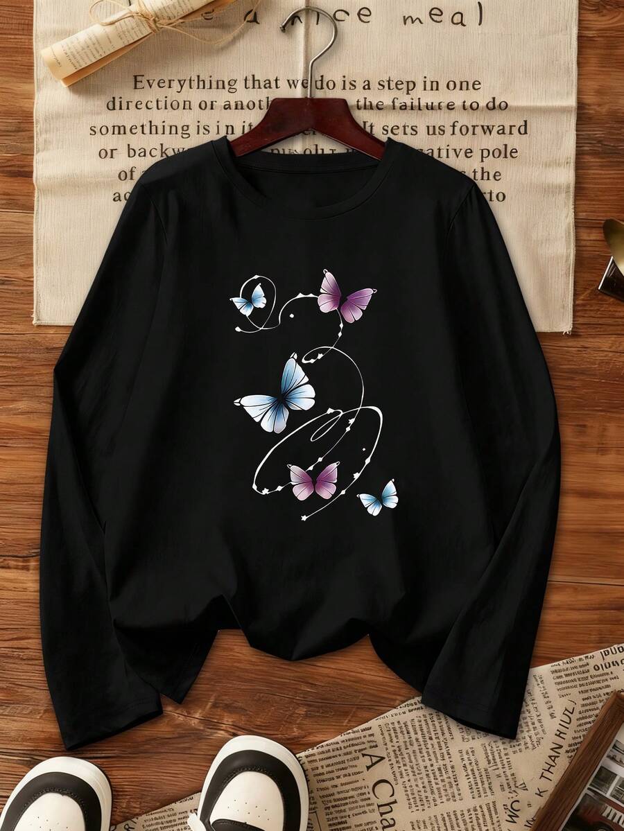 Women's Ombre Butterfly Curve Print T-Shirt, Dreamy Black Loose Top, Round Neck Design, Long Sleeve T-Shirt, Elegant Minimalist, Autumn/Winter, Women's Top, Printed Long Sleeve T-Shirt, Women's T-Shirt - Black - View 1