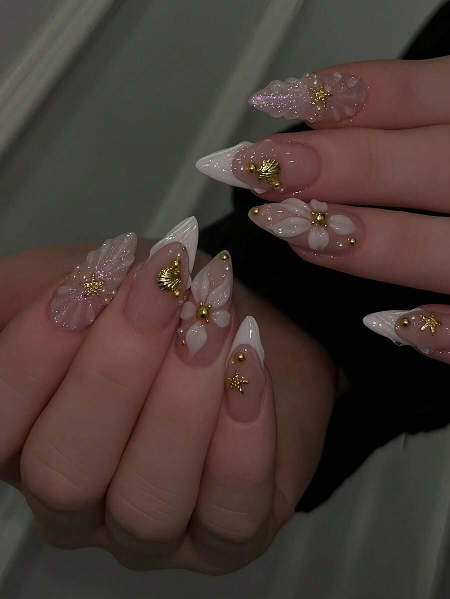 24pcs White French Elegant 3D Embossed Flower Shell & Pearl Acrylic Press-On Nails, Suitable For Daily Wear, Valentine's Day, Weddings And Parties, Includes 1pc Jelly Gel And 1pc Nail File Nail Supplies - Multicolor - View 1