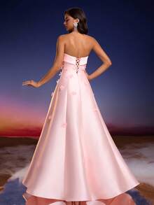 Vestido maxi con espalda descubierta, corpiño de satén lujoso con estampado floral de Anymoon, adecuado para graduación, baile de graduación, dama de honor, gala de alta gama, fiesta de compromiso, celebración del Eid - Rosa - Ver 3