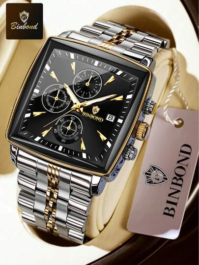  BINBOND Square Design Men's Quartz Watch, Luxury Fashion Multifunctional Chronograph Dial, Stainless Steel Waterproof Case, Business & Valentine's Day Gift, Men's Quartz Watch