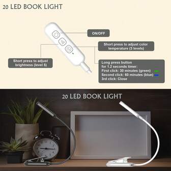 Uppladdningsbar LED-läslampa, lämplig för sängläsning - ögonvänlig, 3 färgtemperaturer, 3 justerbara ljusstyrkenivåer, lång batteritid, kompakt och lätt, klämmdesign, bekväm för studier och läsning