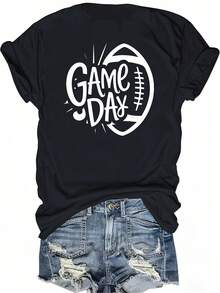 American Football Game Day Pure Cotton Women's Comfortable T-Shirt Fashionable Women's Clothing - 黑色 - 查看 7