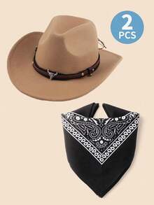 2 Pcs Kids Western Cowboy Costume Set – Classic Rolled Brim Felt Cowboy Hat & Paisley Bandana For Boys Girls (Ages 3-12) - (Cow Head) + Black Square Scarf - View 3