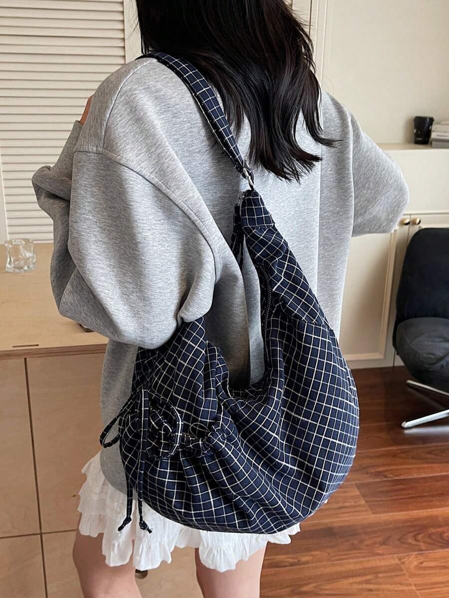 Fashionable Niche Design High-Quality Plaid Drawstring Dumpling Bag, Versatile Daily Commute Shoulder Crossbody Bag - 藍色 - 查看 1