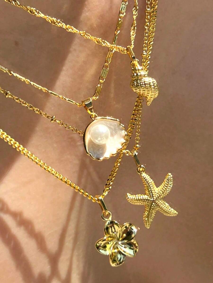 Set de 4 collares con colgante de flores y perlas falsas con estilo bohemio, ideal para uso diario y vacaciones, regalo perfecto de joyería para fiestas - Dorado - Ver 1