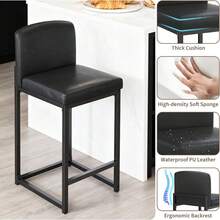 Modern Bar Stools Set Of 2 – Black Faux Leather Upholstery, Comfort Backrest, Robust Metal Legs, Counter Height Chairs With Footrest For Kitchen Island, Dining Room, Bar  Bar Stools Set Of 2, Upholstered Counter Height 24.8" Bar Stools, Faux Leather Counter Stools Bar Chairs With Back For Kitchen Island - Black - View 5