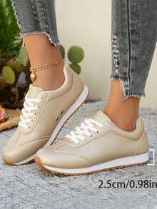 planare Women's Fashionable Casual Sports Style Round Toe Beige Lace-Up Slip-On Lightweight & Comfortable Sneakers, Suitable For Daily Commute Matching, Solid Color Design For All Seasons - Beige - View 8