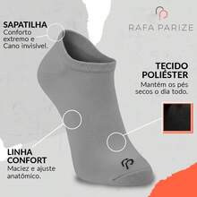 Kit 12 Pares Meias Sapatilha Soquete Invisível Rafa Parize Masculina Confortável Unissex Original - 4 Pretas 4 Brancas 4 Cinzas - Visão 2