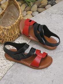 2025 Summer New Girls Flat Sandals, PU Leather Material, Adjustable Hook And Loop Design, Non-Slip Durable Sole, Suitable For Daily Wear, Beach, Camping, School And Other Occasions - Red - View 6