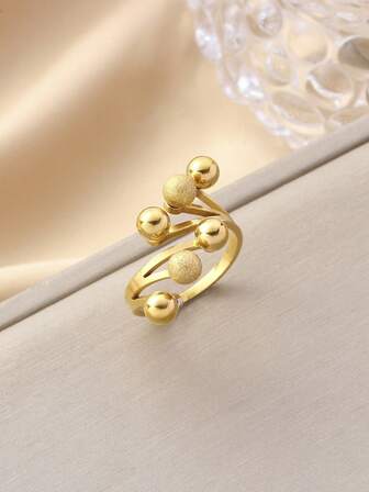 Personalized Niche Jewelry 18k Gold Stainless Steel Ring, Featuring Spherical Design, Adjustable Open Ring For Women