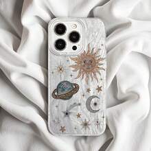 1pc Artistic Space, Sun, Moon & Star Design Phone Case, Personalized Retro Style, IMD Full Coverage Anti-Drop, Silver Gradient Feather, Laser Shiny, Compatible With Samsung/Compatible With OPPO/Compatible With VIVO/Compatible With Honor/Compatible With Redmi/Transsion Phones,International Version, Not The Domestic Version - Multicolor - View 5