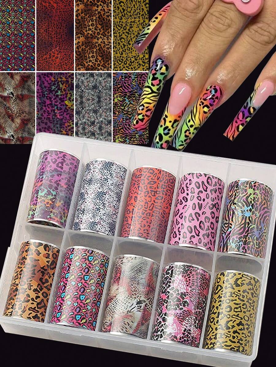 10卷豹纹美甲转印贴纸，DIY美甲饰品，美甲宝石，美甲用品 - 动物图案转印贴纸，10张猎豹纹美甲转印贴纸，适用于DIY美甲装饰，情人节，婚礼，新年美甲 - 彩色 - 查看 1